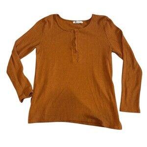 Women's Rust Waffle Knit Henley Top Long Sleeve Thermal Cozy Casual Layering M